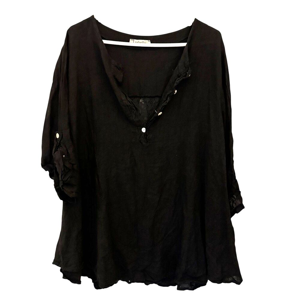Liabella Black Linen Lace‎ Back Pearl Button 3/4 Sleeve Flowy Lagenlook Blouse L